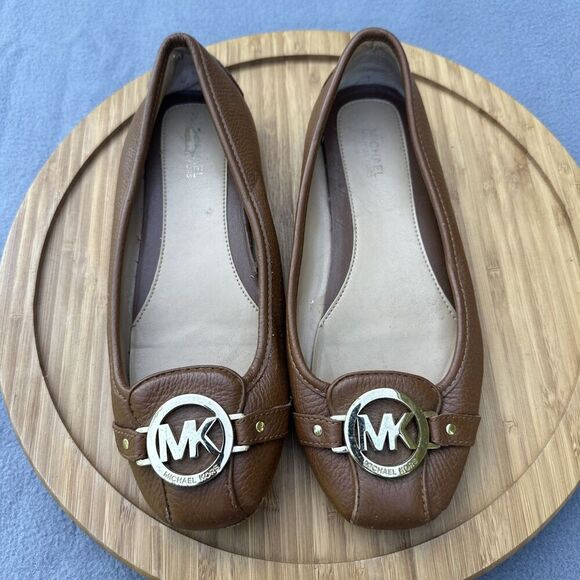 Michael Kors Fulton MK Logo Ballet Flats Womens 7.5 M Camel Brown Leather Shoes - Picture 1 of 9